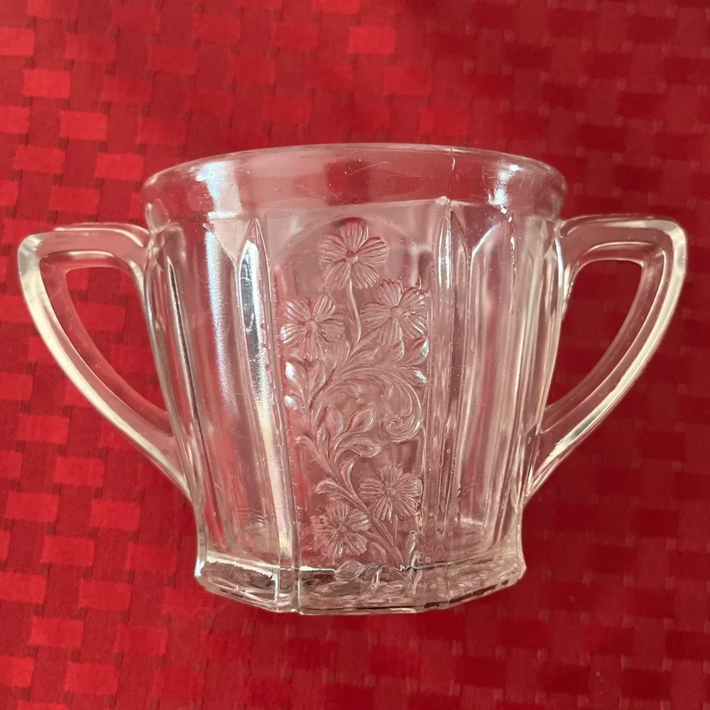 Vintage Clear Glass Sugar Bowl with Double Handles – Pressed Floral Design